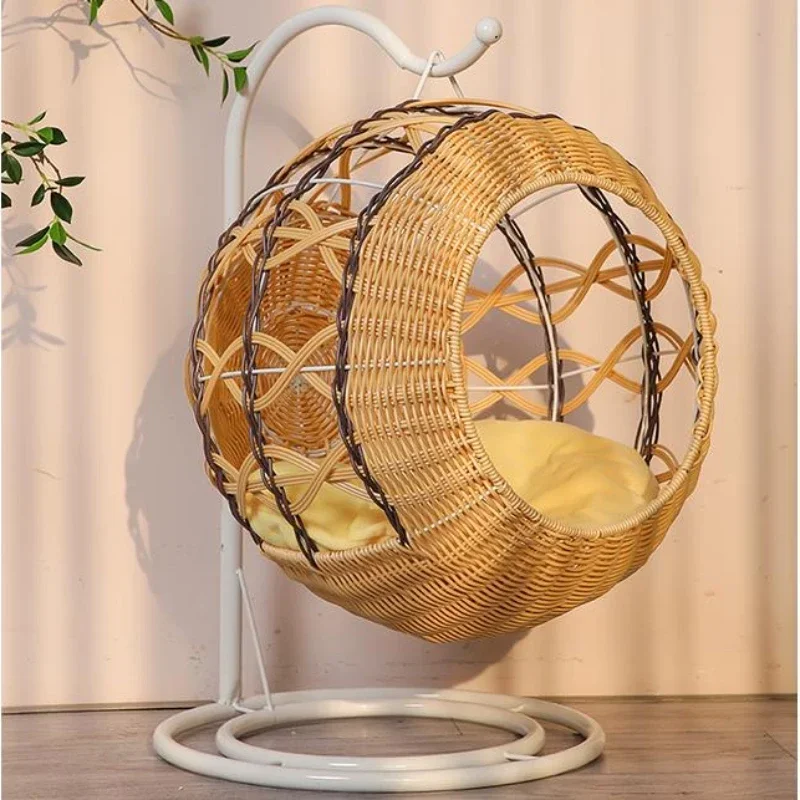 Handmade Rattan Cat House Summer Breathable Cat Hammock Creative Suspension Kennel Stable Load-Bearing Cat Bed