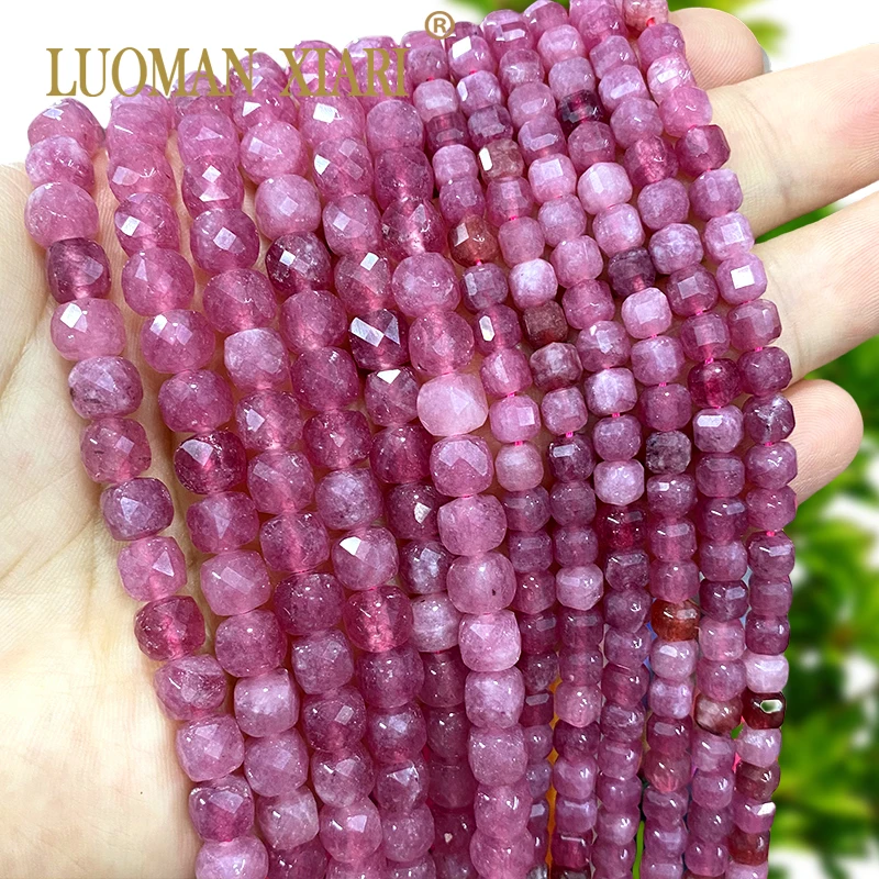 6/8MM Faceted Square Natural Stone Red Tourmaline Colors Chalcedony Loose Spacer Beads for Diy Jewelry Bracelets Accessories