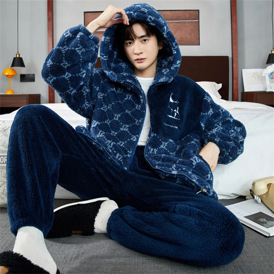 Letter Print Winter Warm Pajamas Set Men Hooded Coral Fleece Coat + Long Pants Homewear Men's Clothing 2 Piece Loungwear