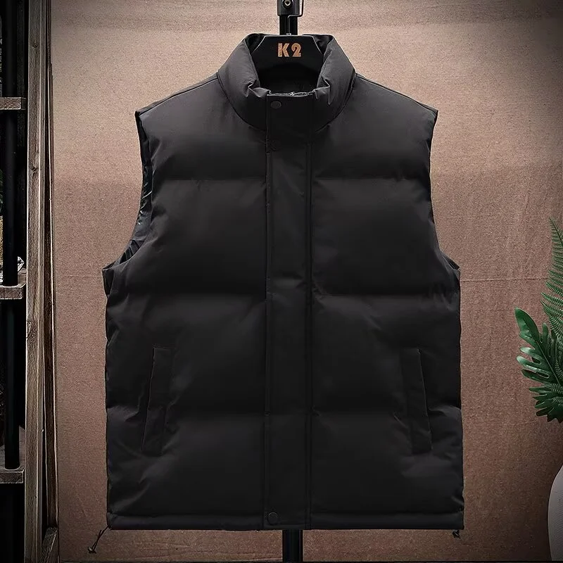 Men's Oversized down Vest Autumn Winter Stand Collar Sleeveless Fashionable Warm Pure Color Zipper Closure Youth Style Jacket
