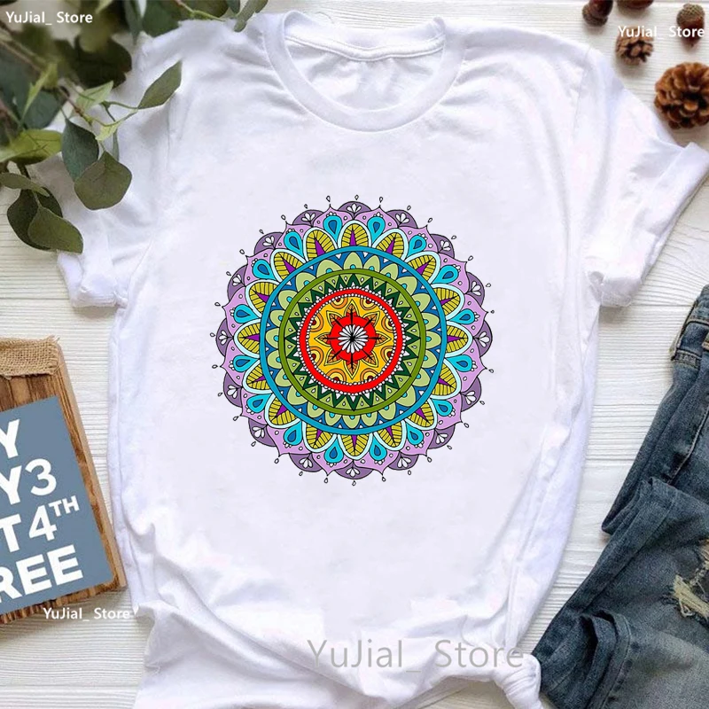 

Rainbow Mandala Meditation Print Tshirt Women Clothes 2024 Floral Beauty Yoga T Shirt Femme Summer Fashion T-Shirt Female