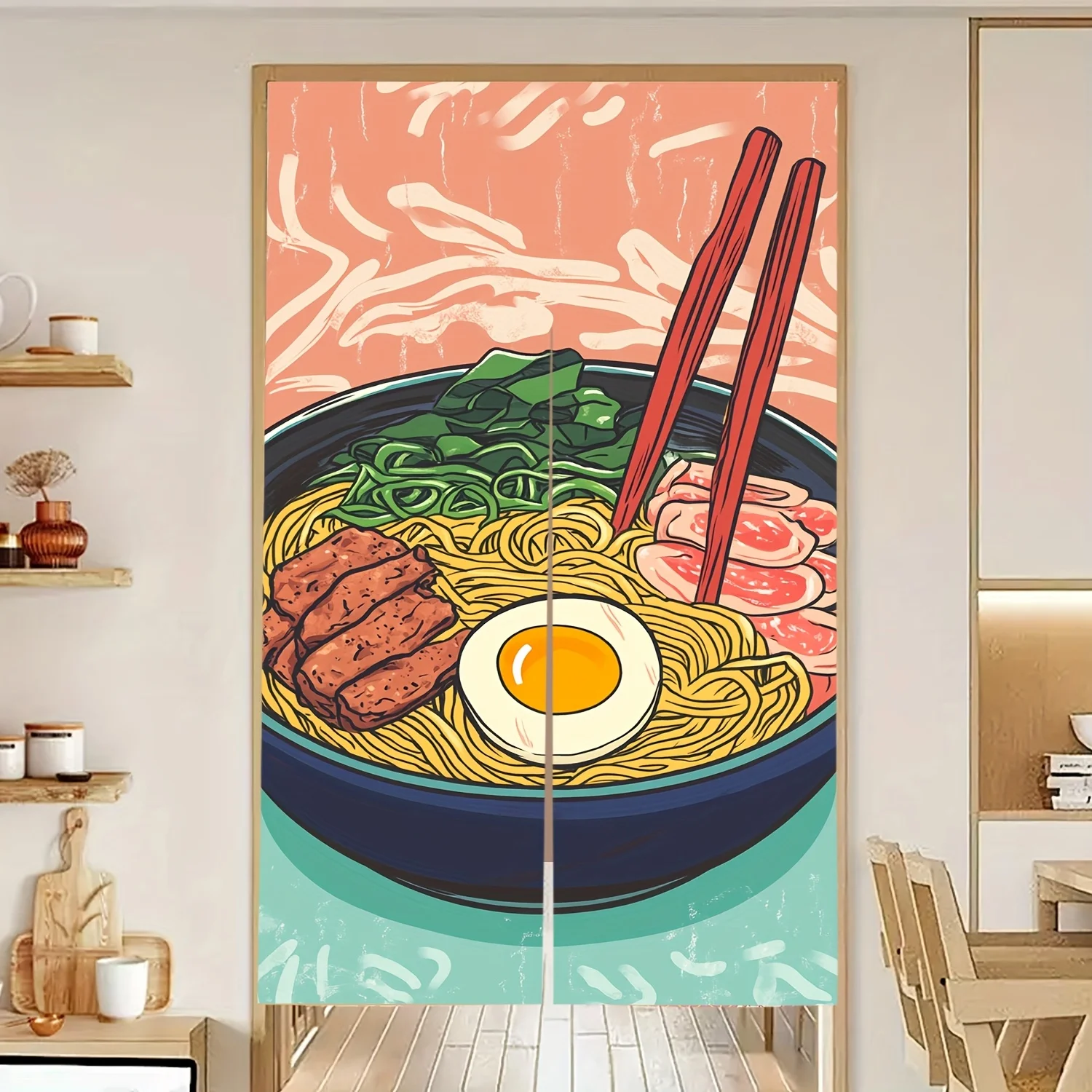 Una cortina artística de cuenco ramen japonés, adecuada para decoración de cocina, dormitorio o comedor, así como decoración de alimentos.