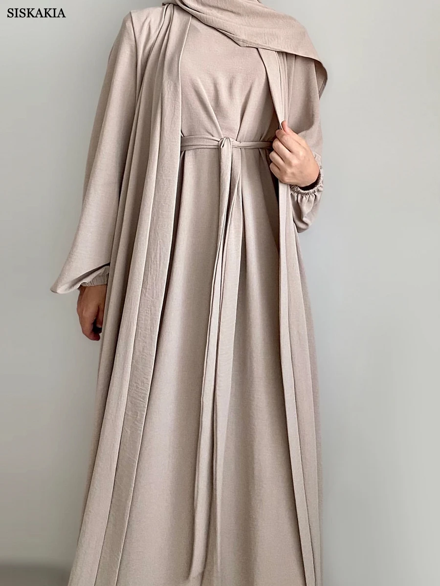 Siskakia Ramadan Eid Muslim Sets Sleeveless Under Dress With Belted Open Kimono Ethnic Modest Casual Dress Moroccan Saudi Kaftan