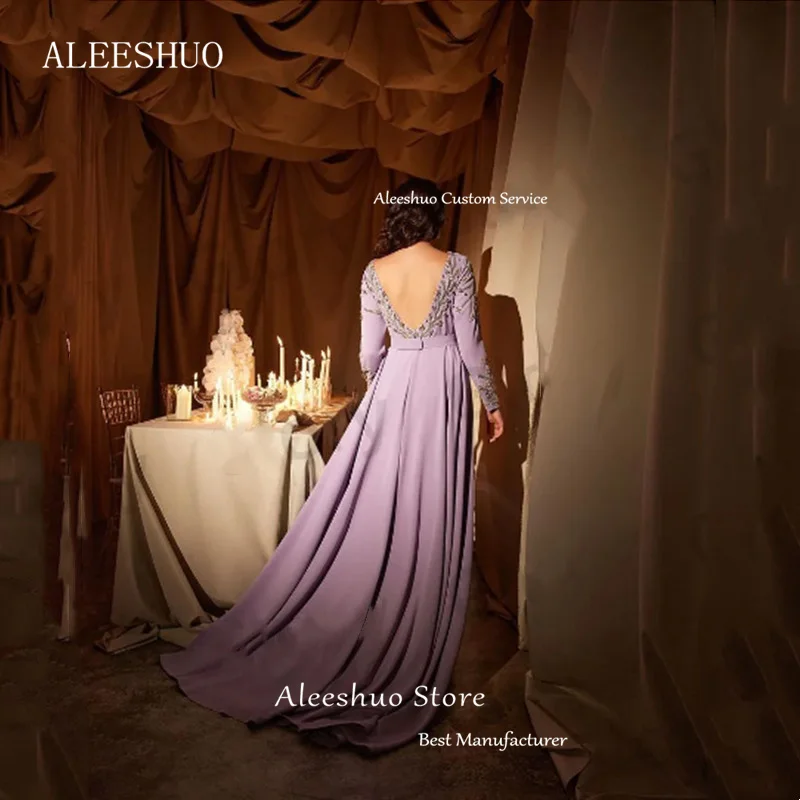 Aleeshuo elegante lila Meerjungfrau Abschluss ball Kleid lange Ärmel Abendkleid O-Ausschnitt Perlen Kristall rücken frei Arabien Abendkleid 2024