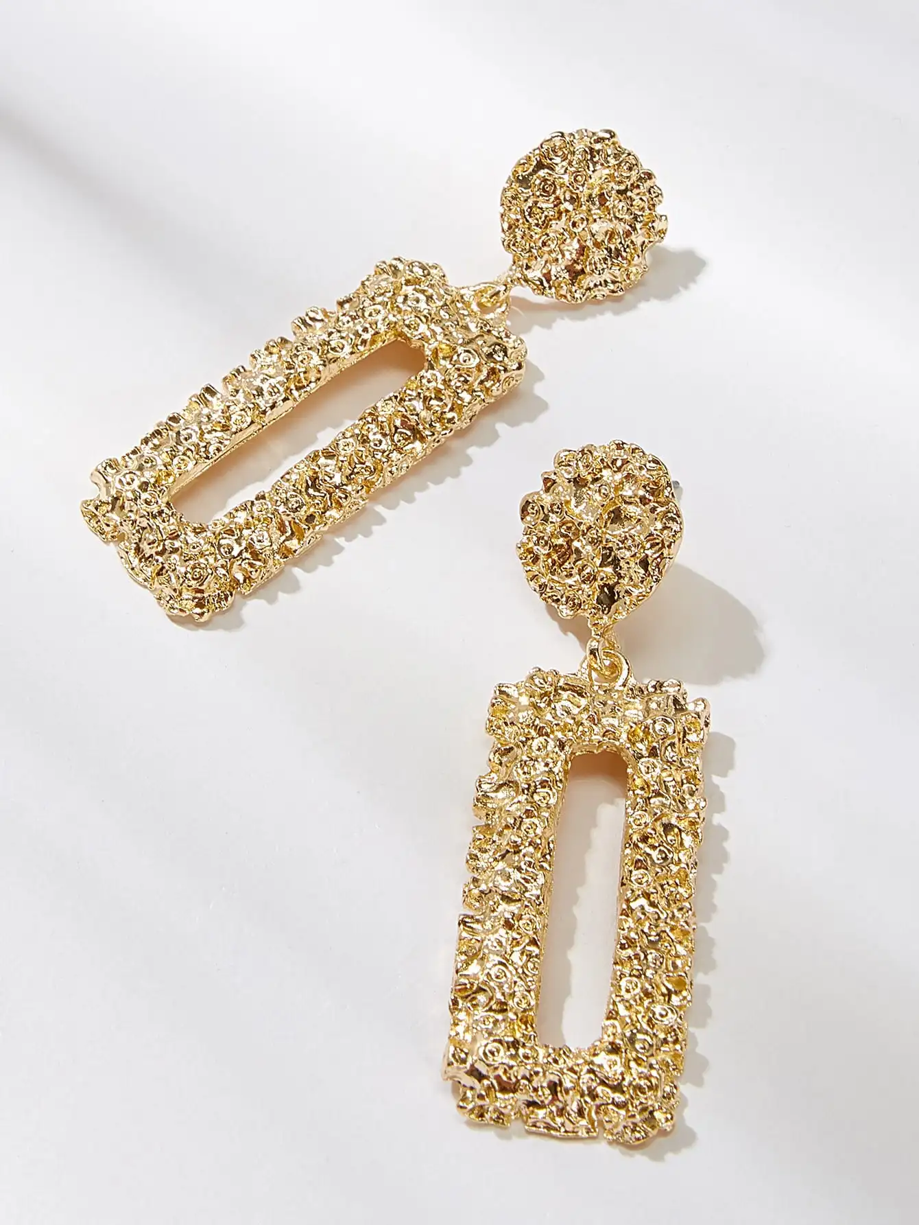 

Textured Gold Rectangle Drop Earrings with Floral Detail for Women