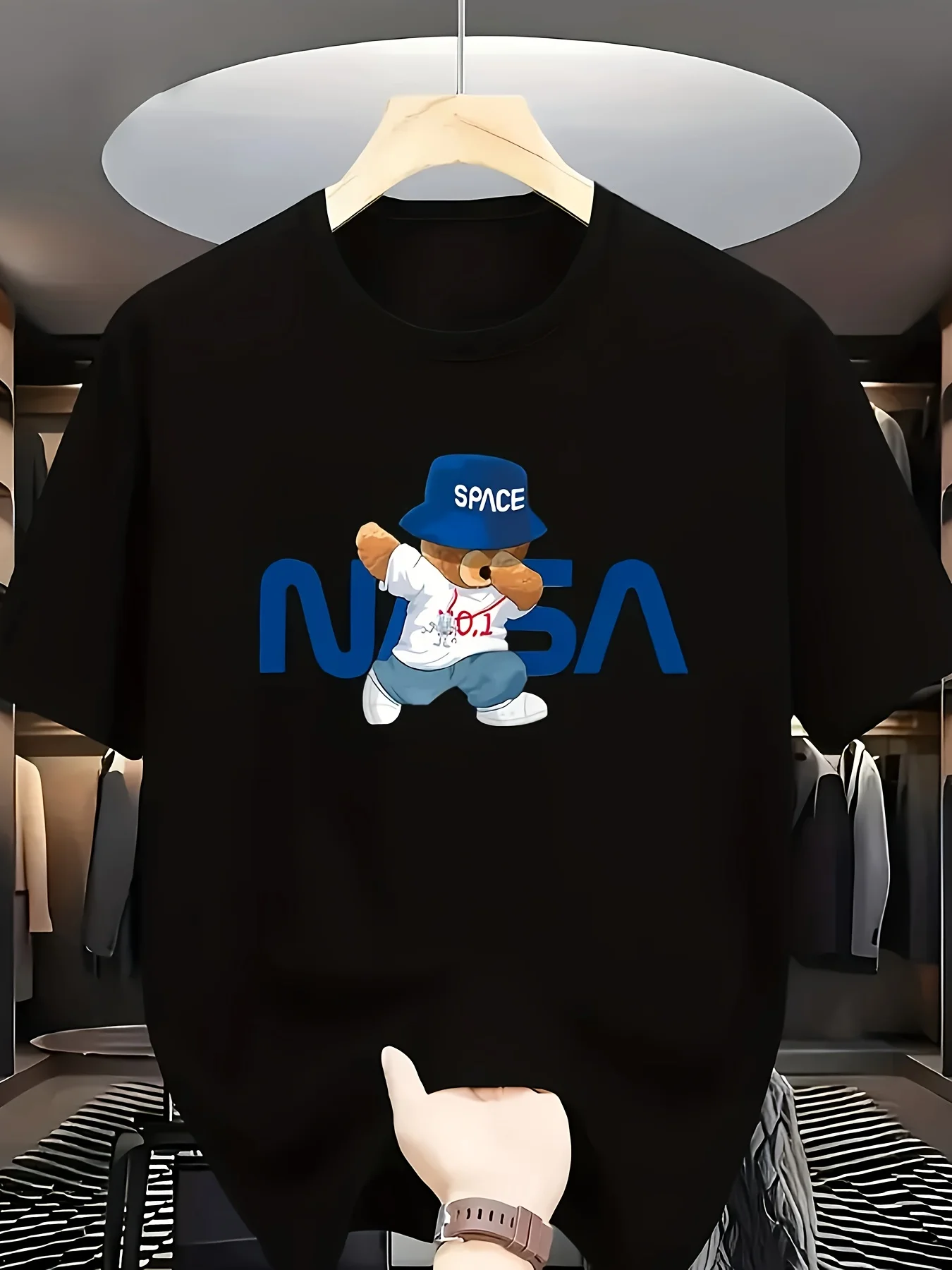 

Men'S Fun Bear Hat And Blue Letter Patterned T-Shirt - Made from Heavy,This Short-Sleeve Blue T-Shirt Features Cartoon Animals