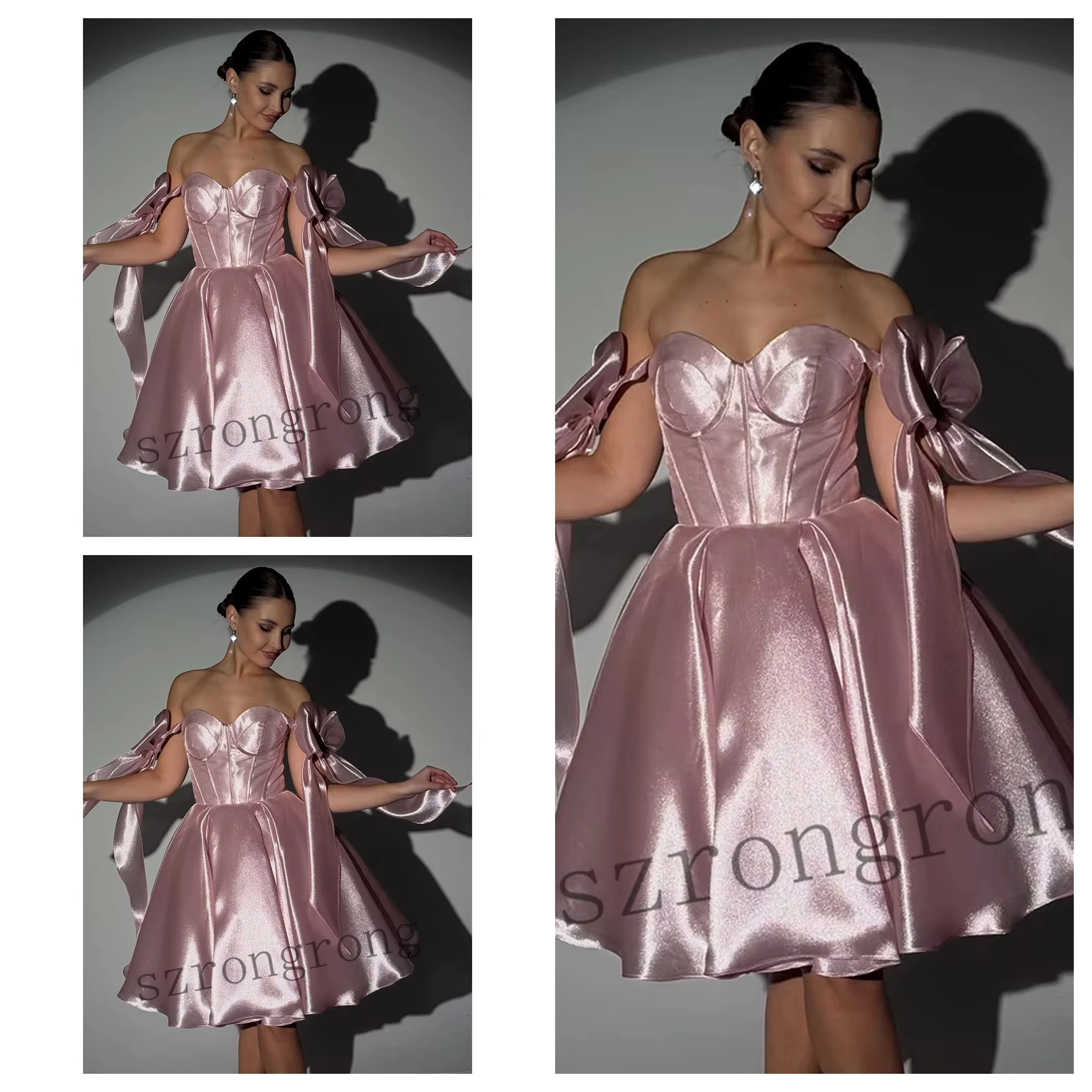 Customized Pink Sweetheart Collar A-line Puffy Wedding Evening Party Dresses Backless Short Mini Bow Prom Cocktail Dress