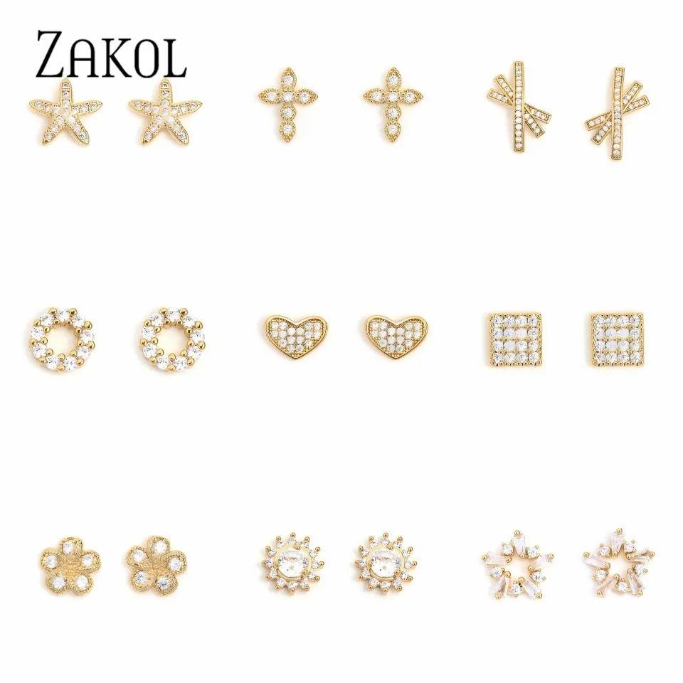 

1 Pair Exquisite Small Stud Earring Gold Color Heart Cross Star Flower Inlaid Zircon Women Bride Wedding Party Jewelry Wholesale