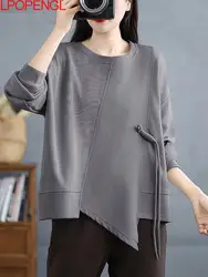 Felpa a maniche lunghe moda coreana per le donne 2024 nuova moda autunnale allentata oversize irregolare Splicing Top capispalla