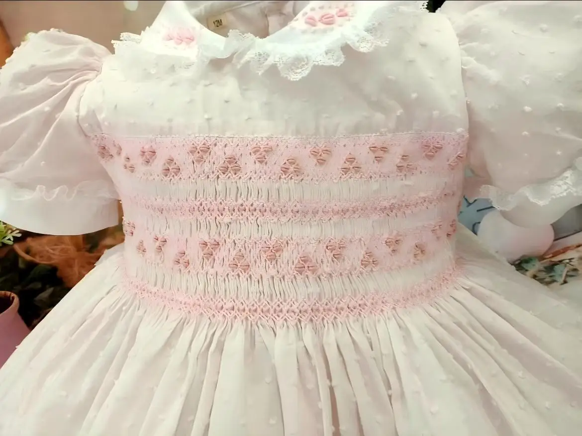 0-12Y Baby Girl Summer Pink Handmade Embroidery Smocked Vintage Princess Dress for Birthday Photography Holiday Eid A254