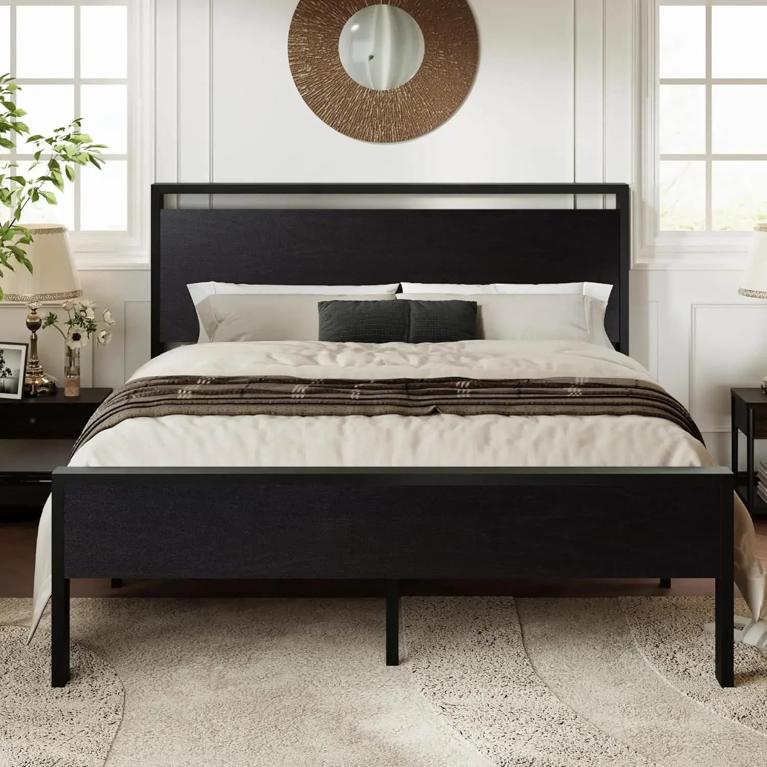 Full Size Platform Bed Frame with Wooden Headboard and , Heavy Duty 12 Metal Slats Support, No Box Spring
