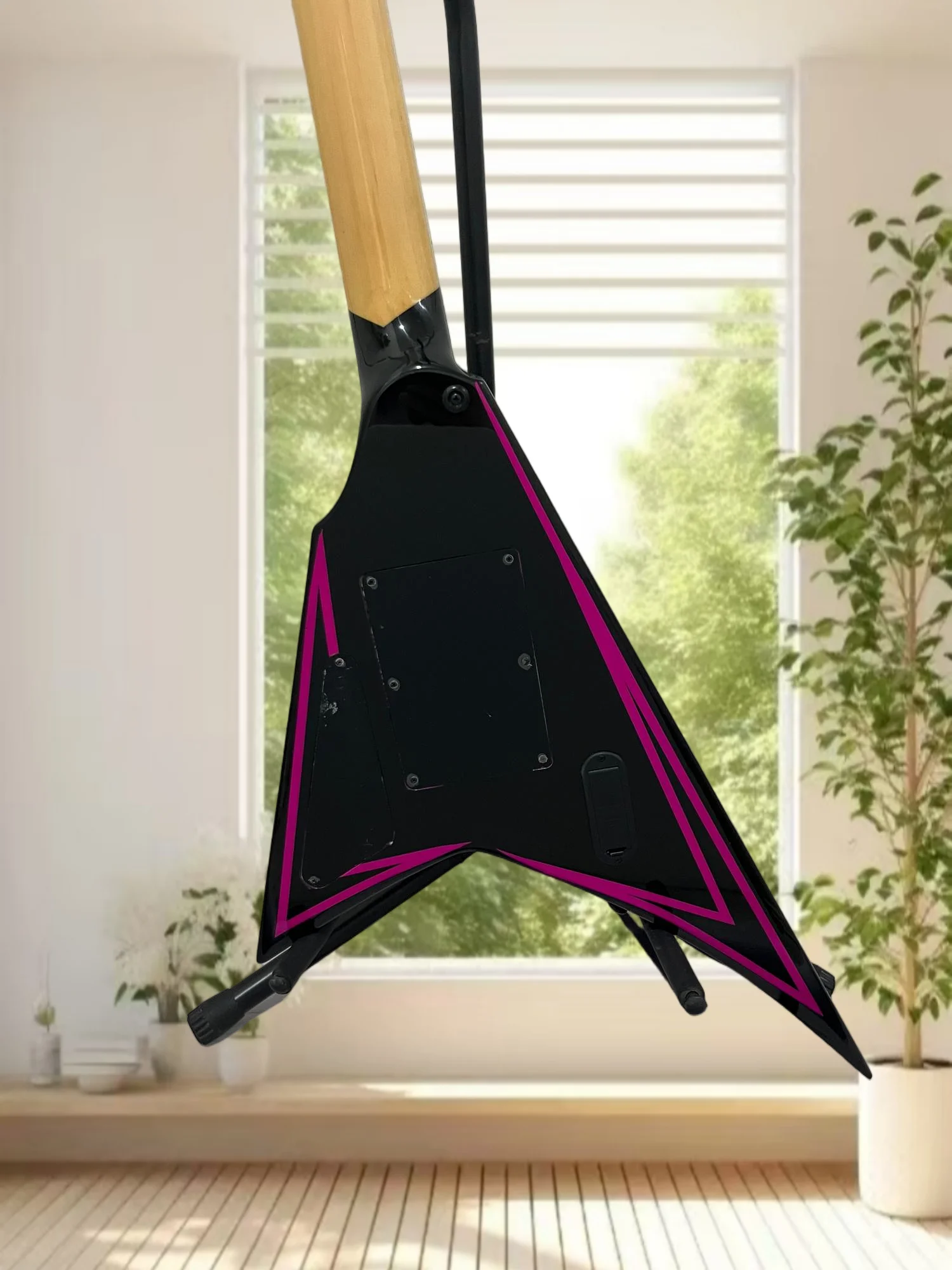 Black Pink Lines V-shaped Electric Guitar Double Rocking Maple Neck 22 Grade Niche Dark Collection Scarce Item Free Shipping