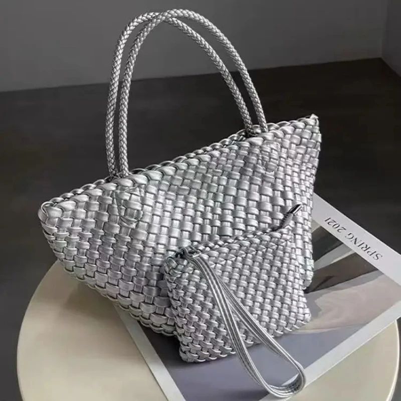 

2025 Y2K New Fashion Small Woven Bucket Tote Bag for Women Soft PU Leather Top Handle Purses and Handbags Clutch Shoulder Bag