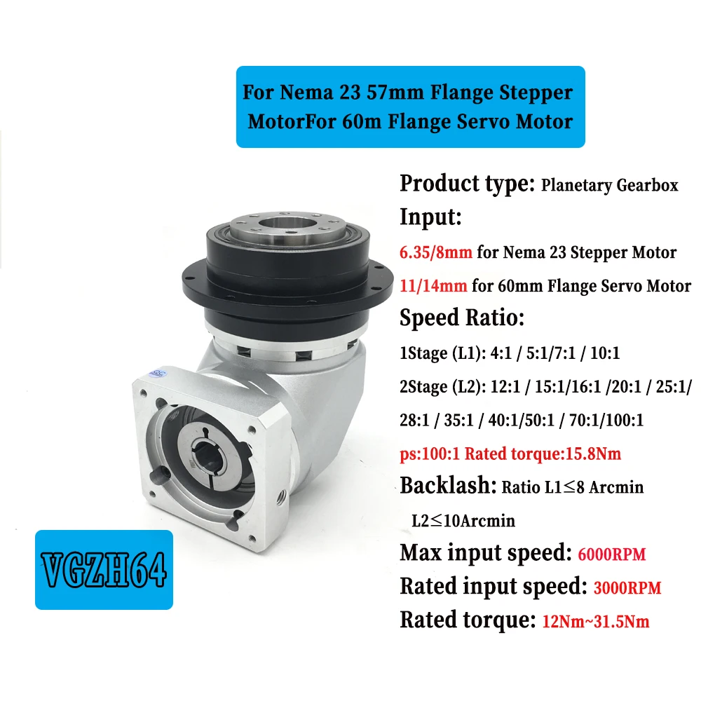 90 Degree Right Angled Planetary Gearbox Reducer 6.35/8/11/14mm Output Ratio 5:1 for Nema23 /60mm Servo Motor Reducetion Gearbox