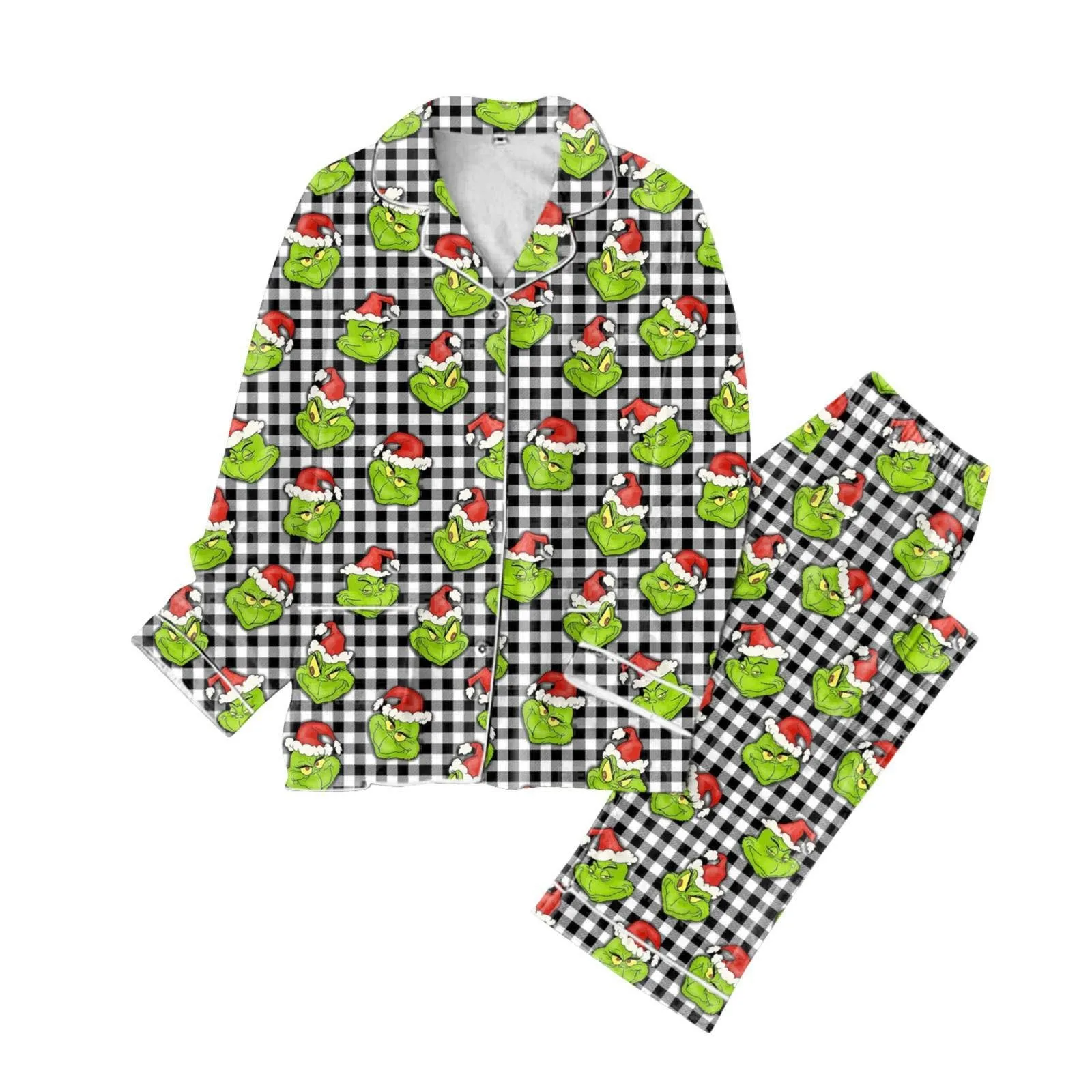Conjunto de camisa y pantalones con botones de manga larga y estampado en forma de corazón de satén rojo para mujer Conjunto de pijama informal