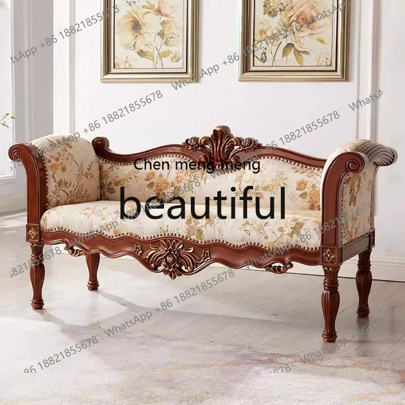 

X Solid wood bedside stool sofa fabric retro living room backrest leisure chair bedroom carved bed bench