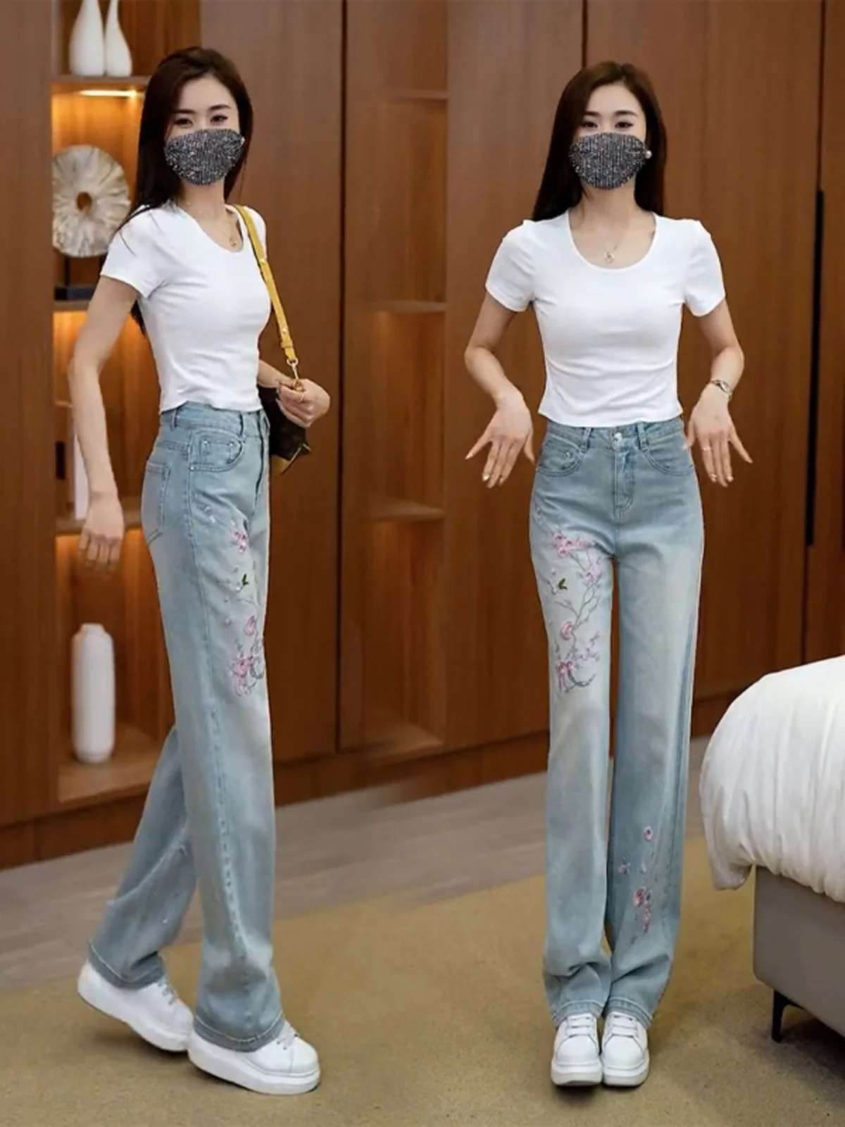 

Светло-голубые джинсы с высокой талией и широкими штанинами с вышивкой, женские брюки прямого кроя, весенний модный тренд, смесь хлопка