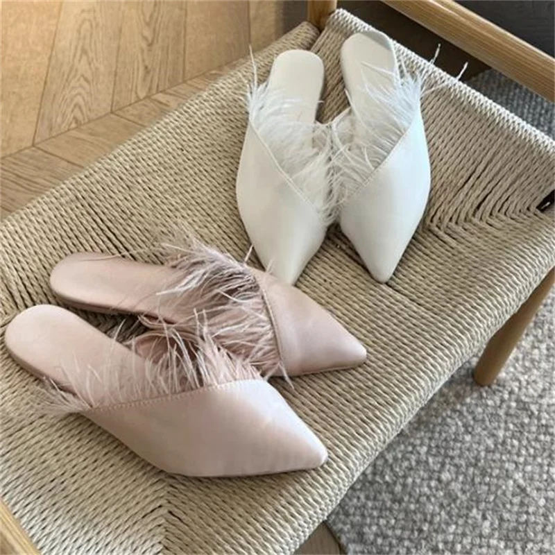 

Feather Shoes for Ladies Pointed Toes Flat Heels Female Mules Satin Chassure Femme Plumage Zapatos De Mujer Sewing Lines Womens