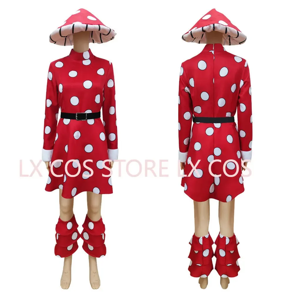 Disfraz de Cosplay de Anime Kinoko Komori para hombre y mujer, Vestido de punto de onda roja, sombrero de hongo, cinturón negro, traje de Halloween para adultos