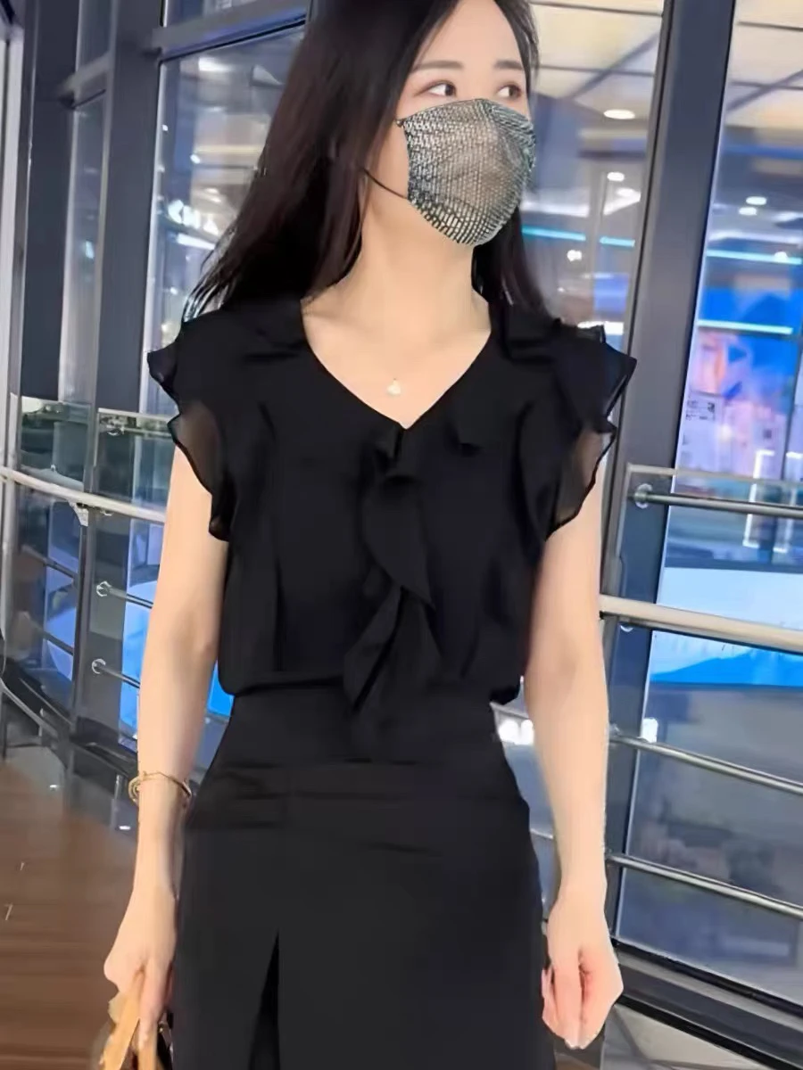 Faionable Chiffon irt for Women with Wood ain Ruffle Summer New Sle Slimming Agel Top Commute Loose Fit UV Protection