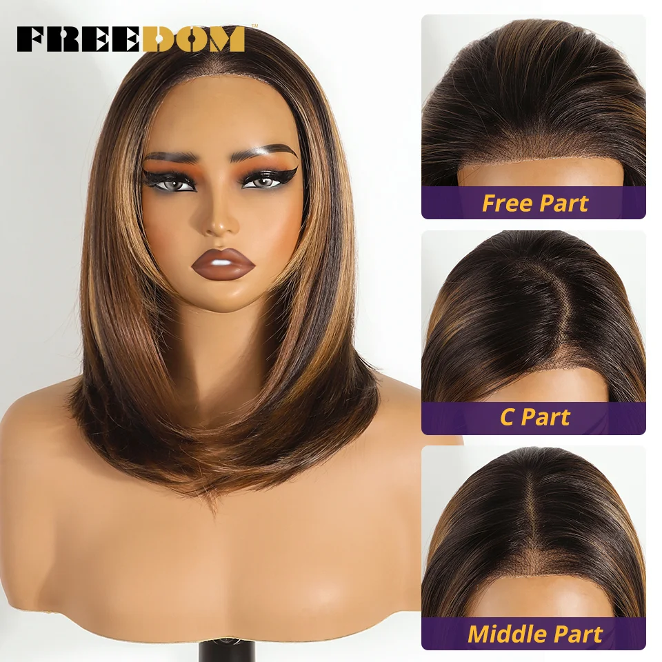 FREEDOM Synthetic Lace Front Wigs For Women Layered Straight Short Bob 6x4 Wear And Go Glueless Wig Ombre Brown Pre Plucked Wigs
