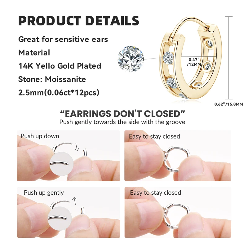 IOGOU 100% Moissanite Hoop Earrings 2.5mm D Color Diamond Real Sterling Silver 925 Jewelry for Women Engagement Wedding Gift view 6