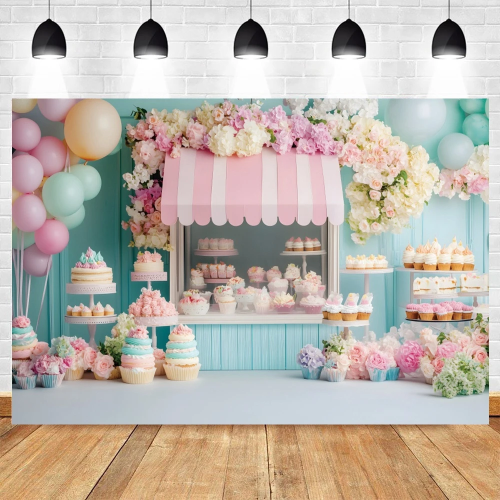 Sfondo del negozio di dolci e dolci Torta Cupcake Fiori Palloncini Baby Shower Bambini Ritratto Festa di compleanno Decor Sfondo fotografico