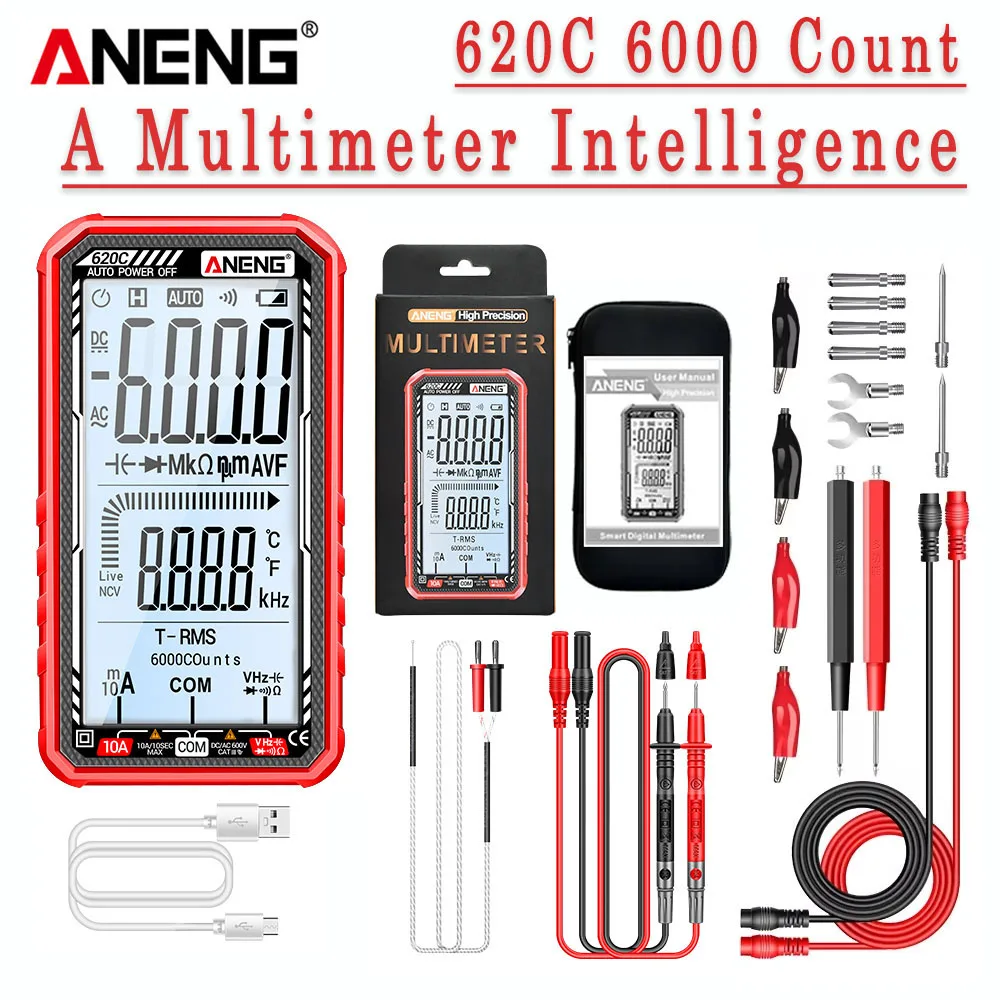 

ANENG 620C Multimeter 6000 Counts Digital Intelligence Meter Built-in Lithium Battery USB Port Charging NCV Detection Test Tools