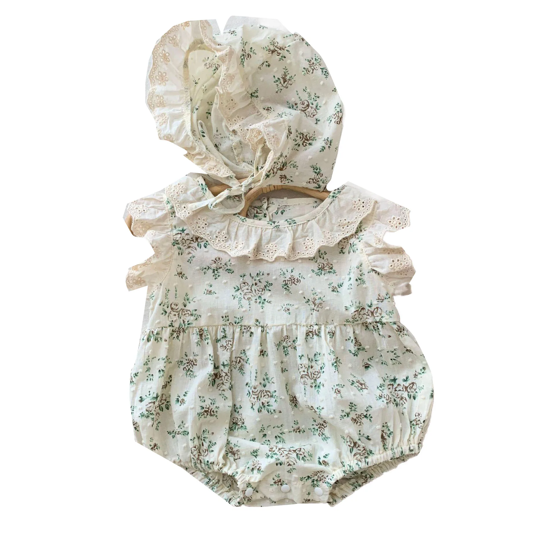 2026 Summer Infant Girls Romper Cotton Floral Printed Lace Babys Girl Jumpsuits Fly Sleeve Peter Pan Collar Newborn Girl Onesies