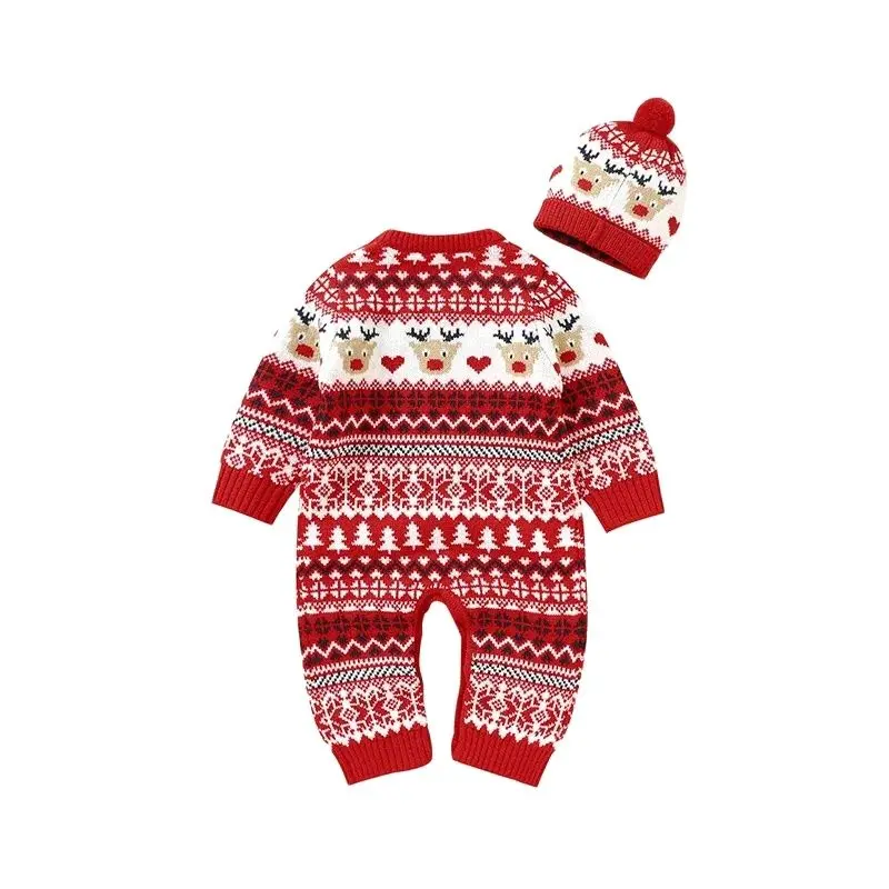 Newborn Baby Boys Girls Jumpsuits Outfits Toddler Infant 2pcs Clothes Rompers Hats Costumes Winter Red Christmas Knitted Newborn