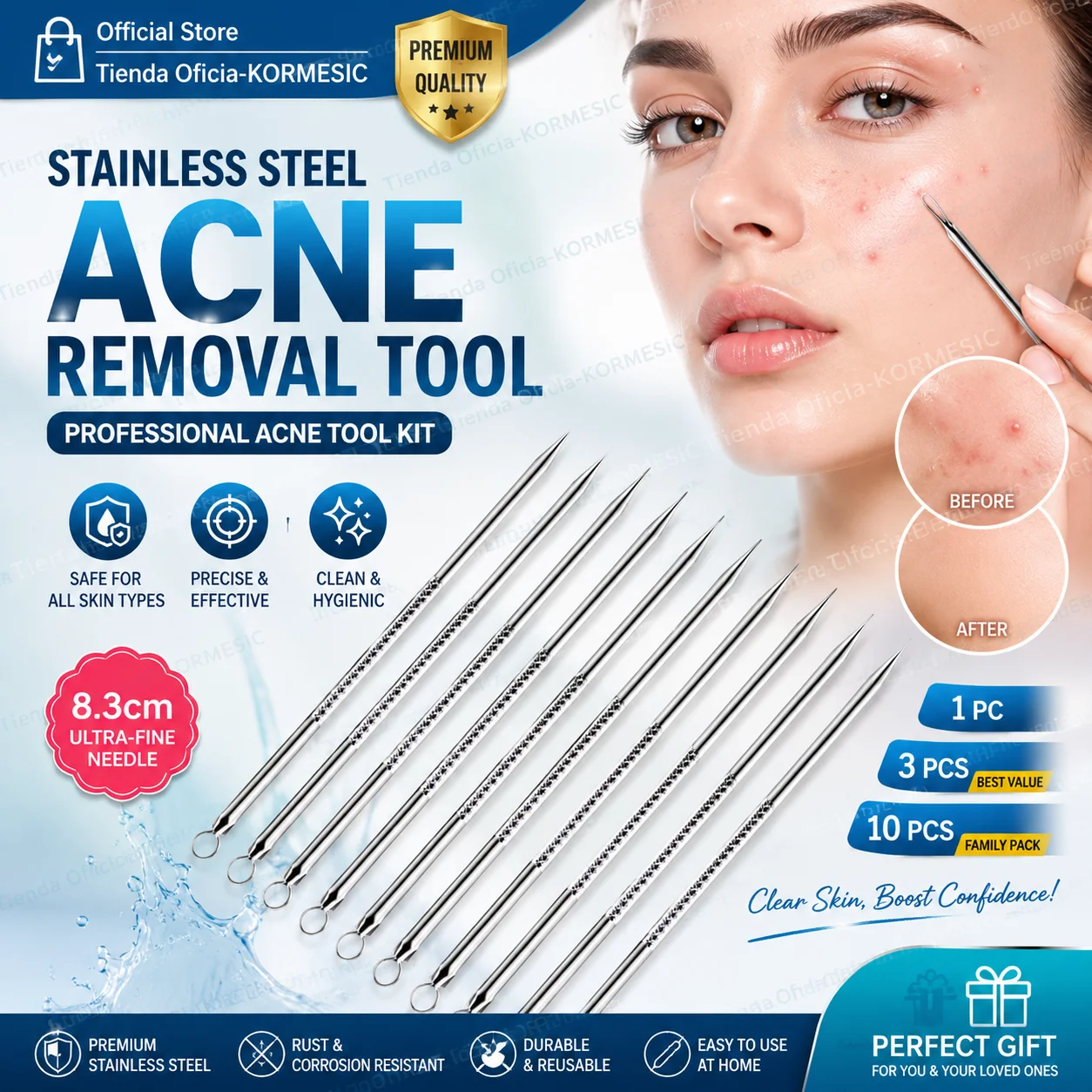 1/3pcs Stainless Steel Flaws and Acne Extraction Tool - Professional Acne Removal Kit for All Skin Types