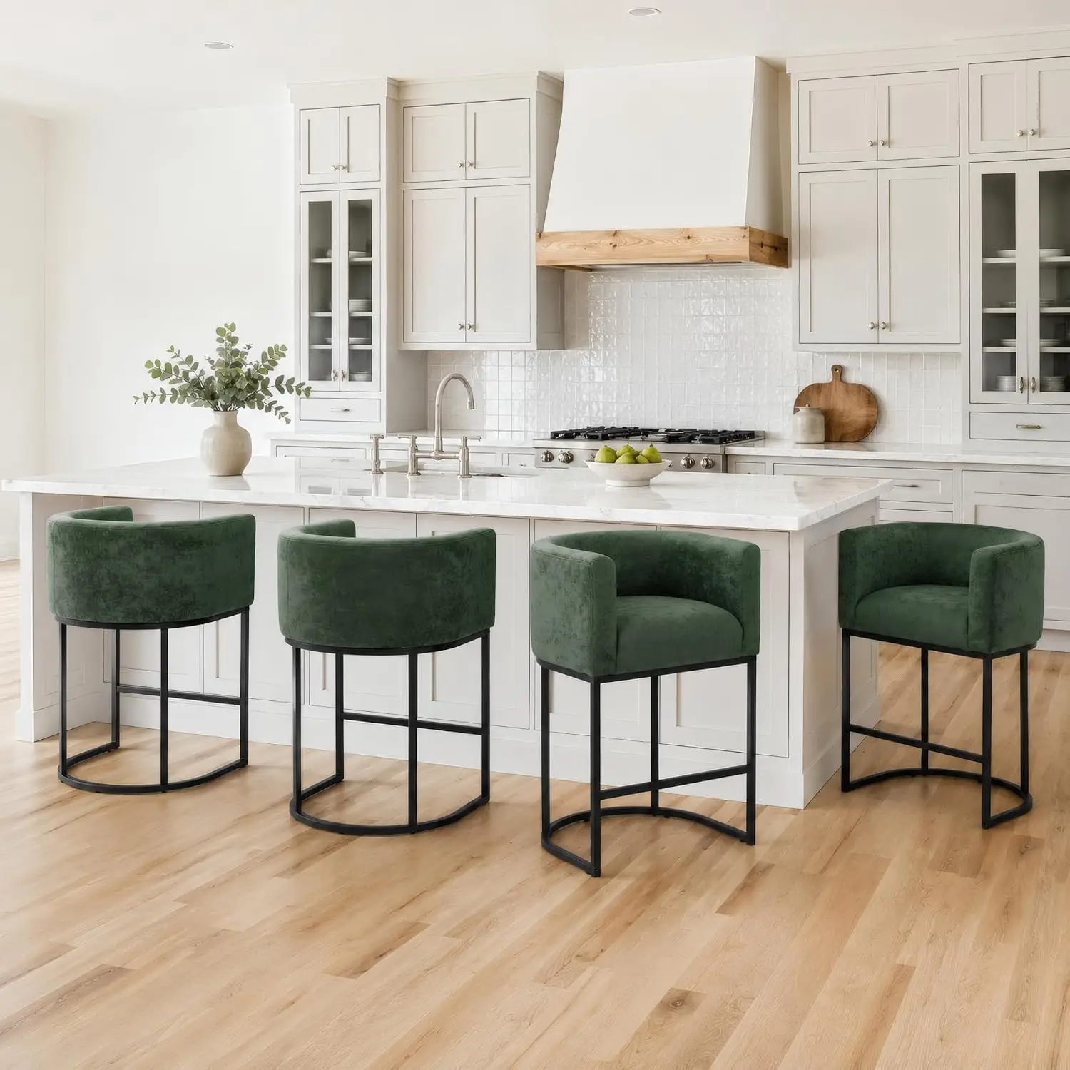 Modern Barrel Counter Stools 4-Pack with Backrest & Arms, Black Metal Frame, Chenille Fabric, Kitchen Island, Green, Customized