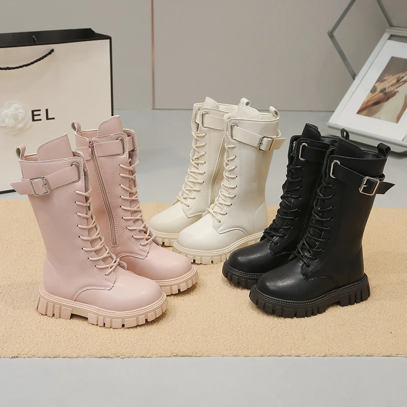 Детские модные высокие армейские сапоги до колена, розовые/белые/черные зимние теплые ботинки с пряжкой и ремешком на боковой молнии на толстой подошве для девочек, размер 27-37