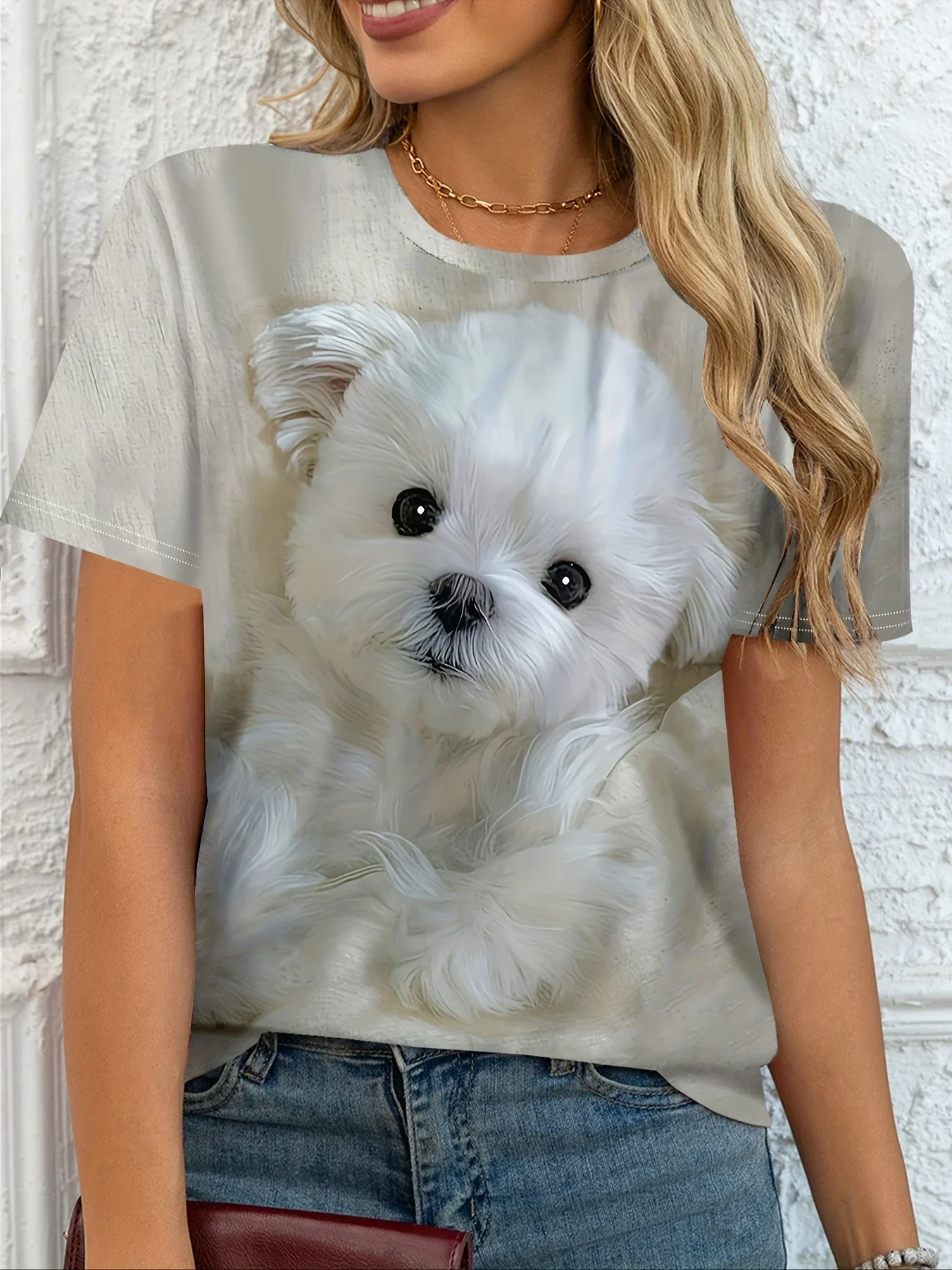 Adorable Yorkshire Terrier Dog Print, Soft Polyester Blend Crew Neck Tee for Casual Attire, Ladies T Shirts
