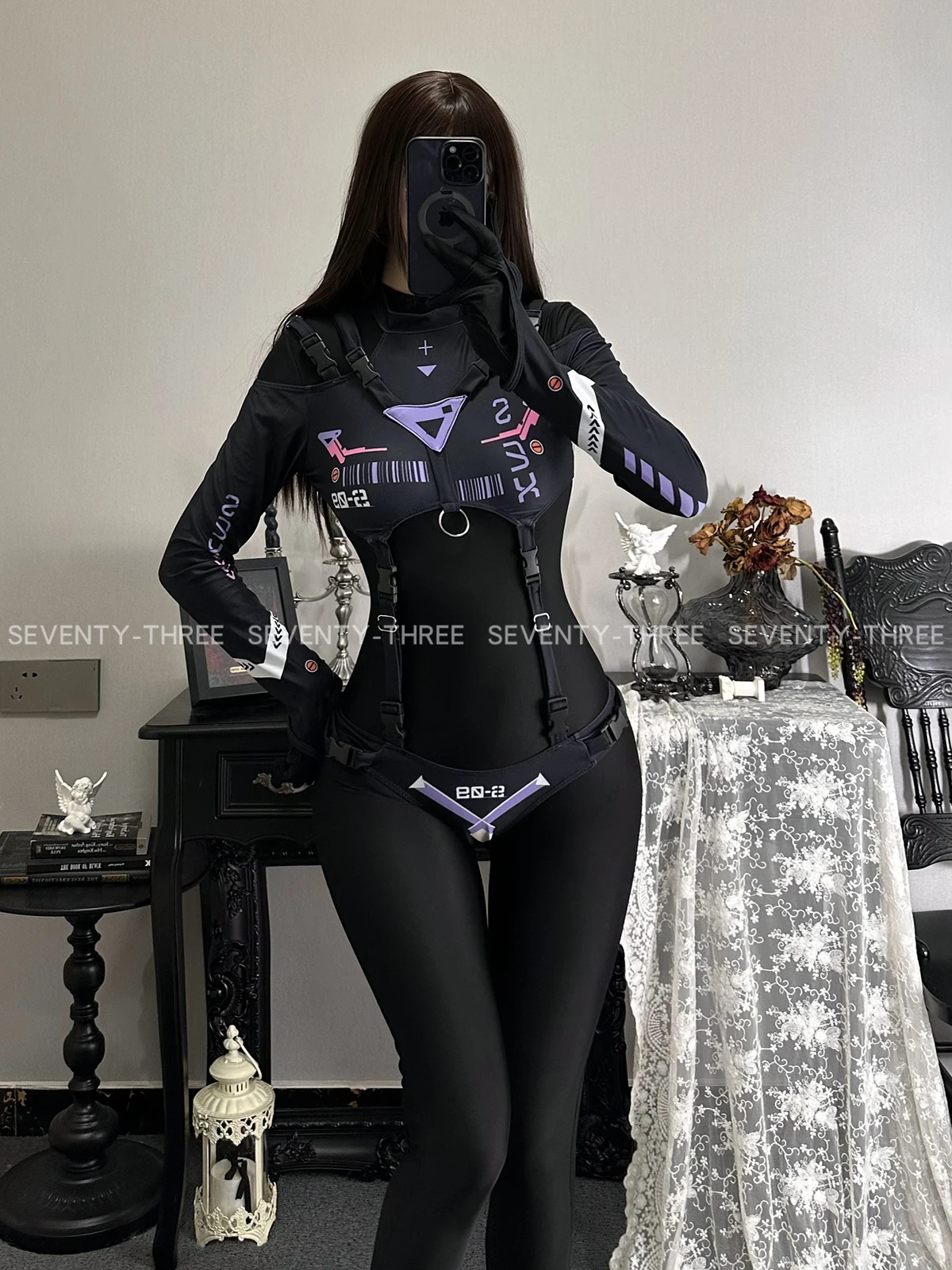 

Printed Cyber ​​​​Mechanic CP Hollow High Fork Dark Cool Agent COS One-Piece Underwear Cosplay Costume 2025