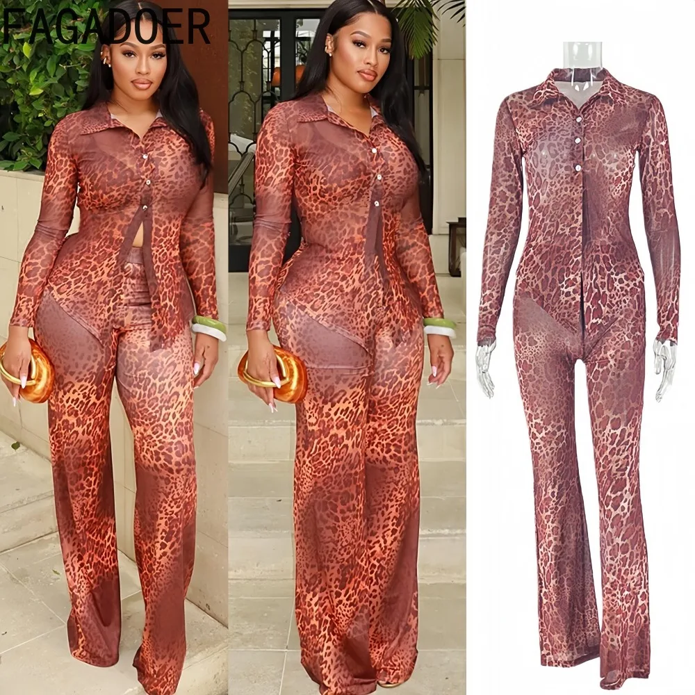 

FAGADOER Sexy Leopard Print Patchwork 2 Pieces Set for Woman Outfit Lapel Long Sleeves Crop Top and Pants Female Streetwear New
