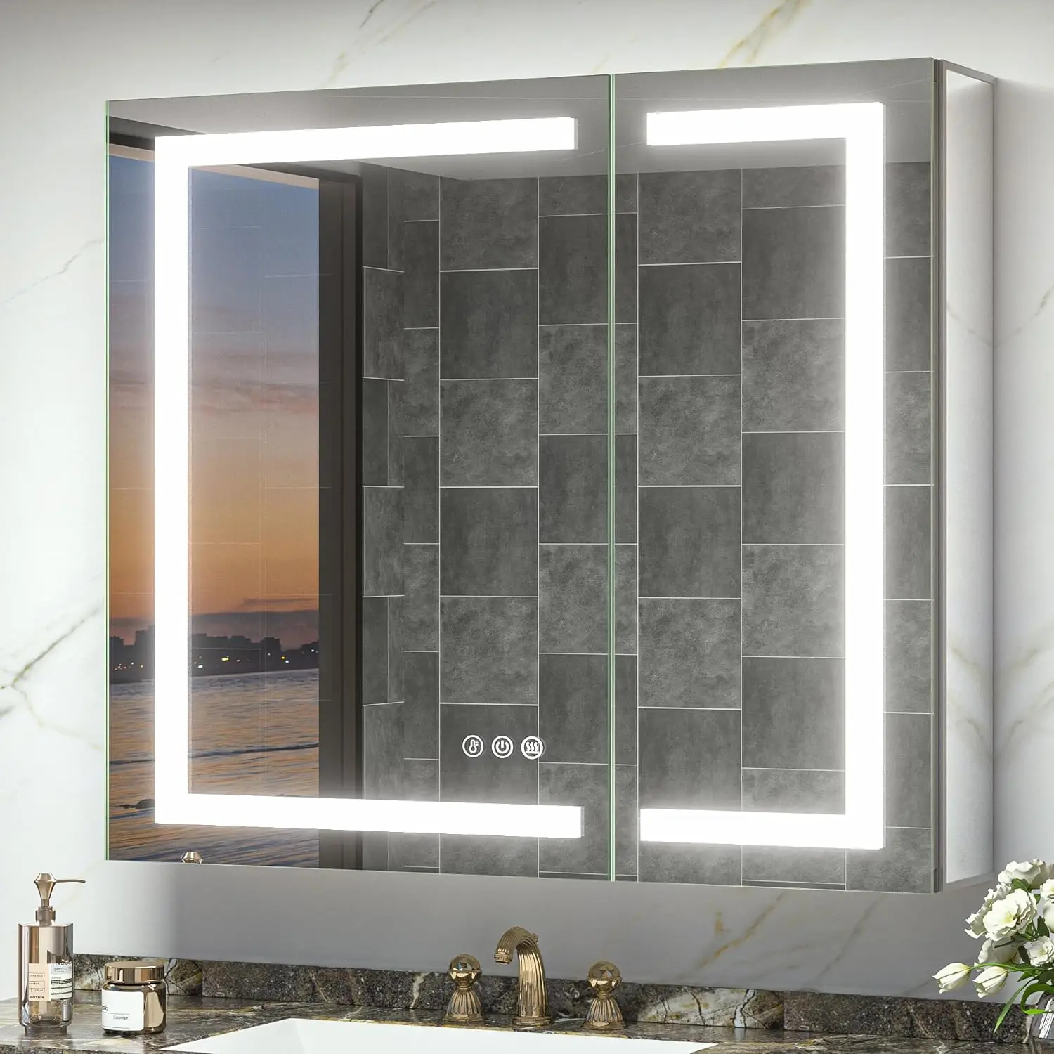 36x32 LED Recessed Midicine Cabinet, Anti-Fog Mirror Midicine Cabinet with Light and Electrical Outlet