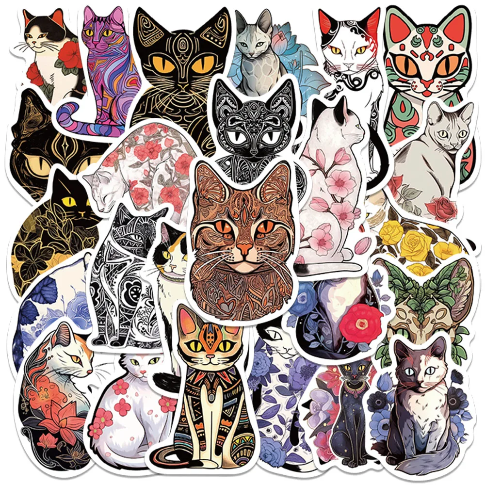 

50pcs Funny Aesthetic Cartoon Flowers Tattoo Cats Stickers For Laptop Water Bottle Luggage Notebook Waterproof Vinyl Decals