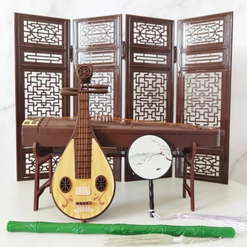 Tela clássica Fan Xiao Guzheng Brinquedos Instrumento Musical, Antique Boneca Acessórios, Estilo chinês Ornamentos Props