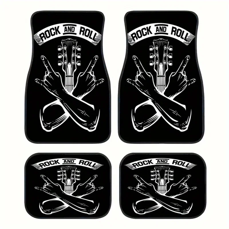 4pcs Rock And Roll Car Floor Mats With Classic Guitar & Devil Horns Design - Durable Polyester, Easy To Clean, Fit For Driver/Pa