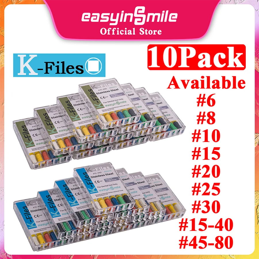 10Packs Dental Endo Stainless Steel Root Canal Endodontic H-Files Reamers Hand Use 25mm EASYINSMILE 6Files Per Pack