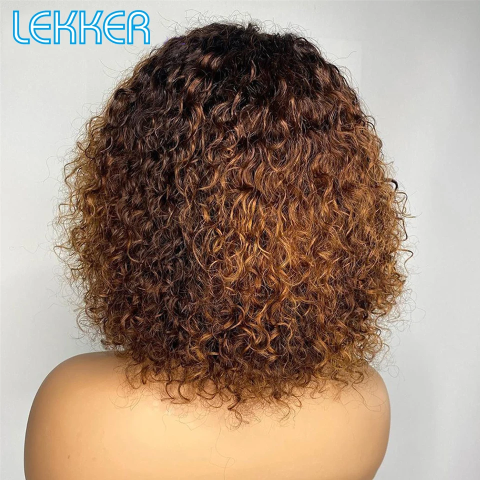 Lekker Colored Short Pixie Afro Kinky Curly Bob Human Hair Wig With Bangs For Women Brazilian Remy Hair Ombre Brown Full Machine images - 6