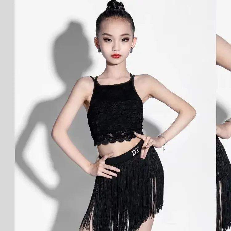 2025 verão criança vestido de dança latina conjunto para grils preto halter topo franjas saia curta samba rumba treinamento competição roupas