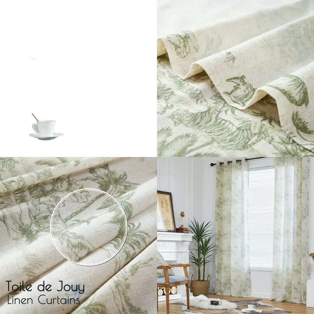 Cortinas Toile de linho com ilhó 96 - Cortinas florais verdes estilo fazenda para sala de estar e quarto