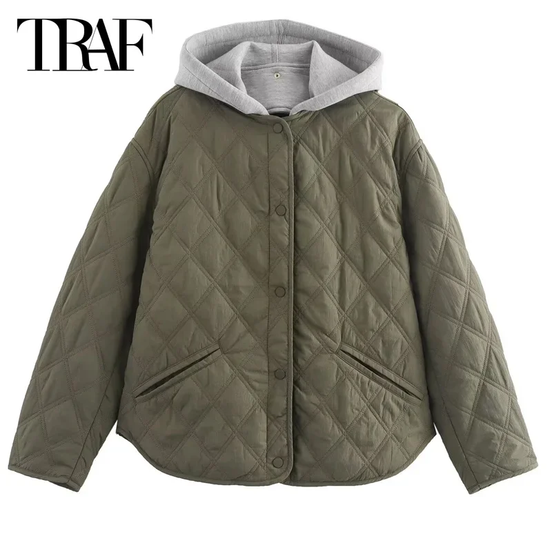 TRAF Damska kurtka bomberka Crop Quilted Jacket Army Green Hooded Padded Jacket Long Sleeve Zip Up Jacket Warm Winter Woman Coat