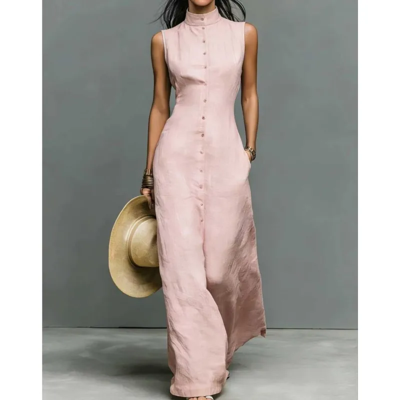 

Bohemian Women Dresses 2026 Summer New Solid Color Round Neck Sleeveless Single Breasted Casual Long Dress Vestido Female