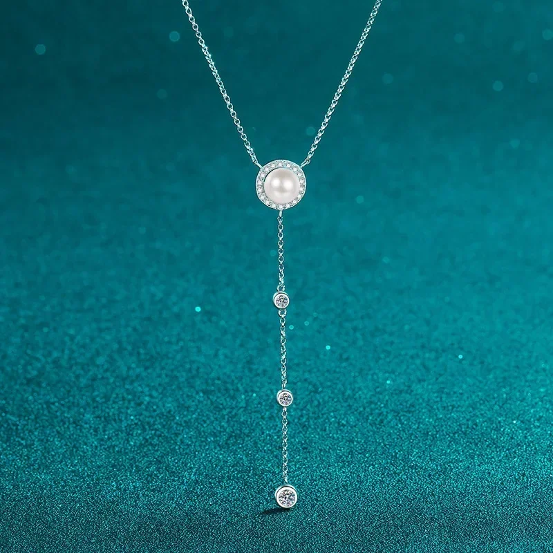 Freshwater Pearl Pendant Necklace for Women, Sparkling 0.67ct Moissanite Collarbone Chain of The Light Luxury Collar Jewelry
