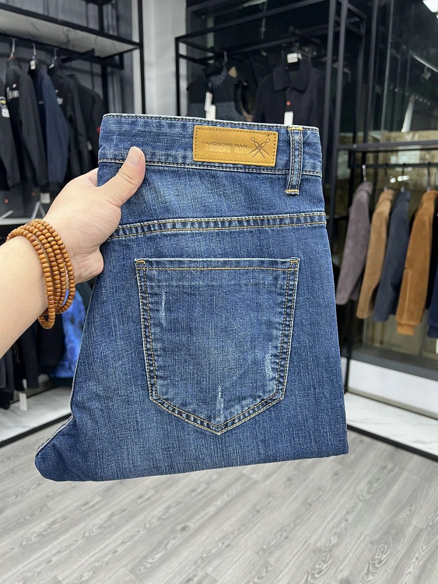 

Loose Fit Jeans mid Waist Waed Cotton Polyester Blend Spring Summer Thin Straight Leg Men's Trousers with Elastic Waisand
