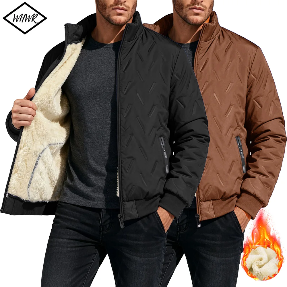 

Winter Men's Zipper Stand Collar Jacket Warm Windproof Waterproof Coat Thickened Fleece Lined Streetwear Casual Male Clothing