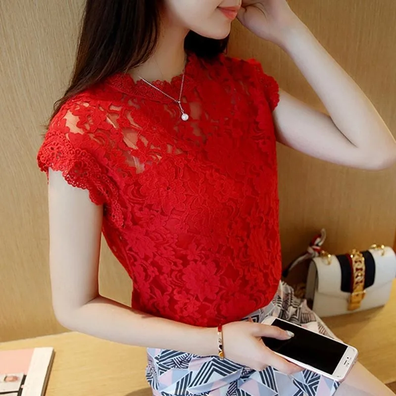 Summer Hollow Out Lace Blouse Elegant Shirt Ladies Tops Crochet Short Sleeve Bottoming Shirts Women Blouses Tops DF1591